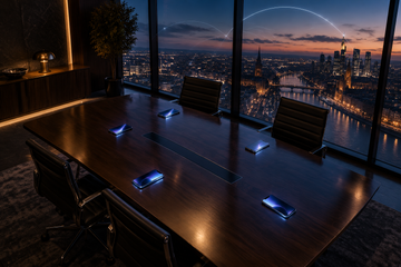 Dimly lit boardroom with four glowing smartphones and satellite arcs over a city skyline at dusk