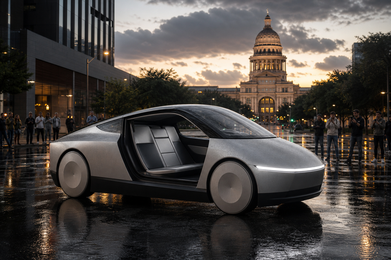 Tesla Cybercab with no steering wheel on a Texas street at dusk