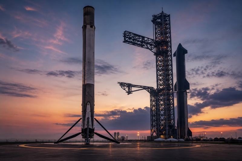 Falcon 9 booster at landing zone with Starship tower in background at dusk