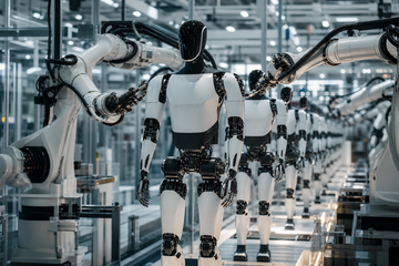 Tesla Optimus humanoid robot on assembly line with robotic arms in factory