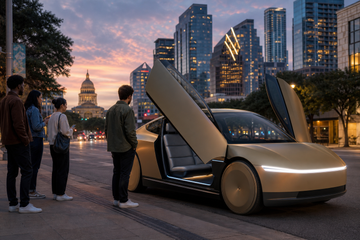Tesla Cybercab without steering wheel parked on an Austin street at dusk