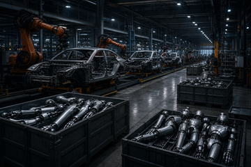 Disassembled automotive production line with robotic arms and humanoid robot parts, no text.