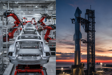 Tesla electric vehicle assembly line beside SpaceX Starship on launch pad at dusk, no text or logos
