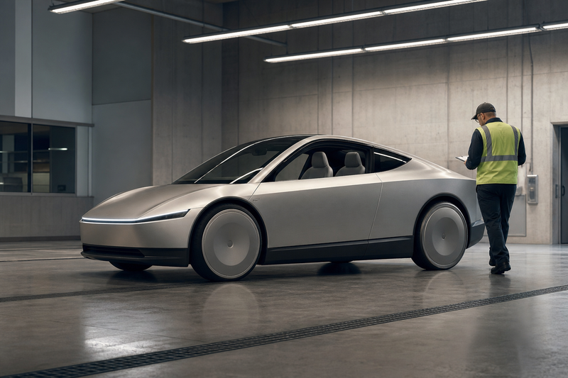 Tesla Cybercab without steering wheel undergoing federal safety inspection in concrete bay