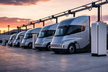 Electric semi truck charging at a California depot with tall white charging cabinets