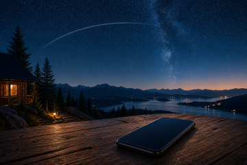 Smartphone on table under starry sky with satellite trail, no text or logos