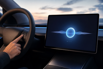 Tesla dashboard showing AI assistant interface while driver uses steering wheel voice button