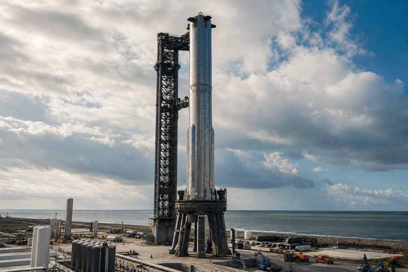 Super Heavy booster on orbital launch mount at Starbase under partly cloudy Texas sky with Gulf of Mexico in background