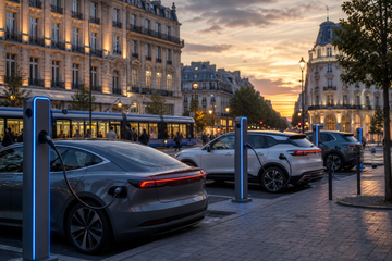 European city street with electric vehicles charging at dusk, no text or logos