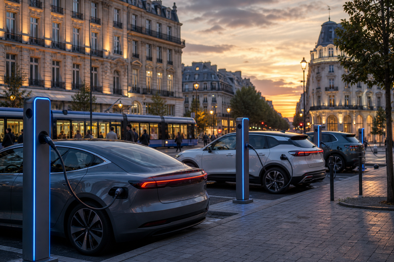 European city street with electric vehicles charging at dusk, no text or logos