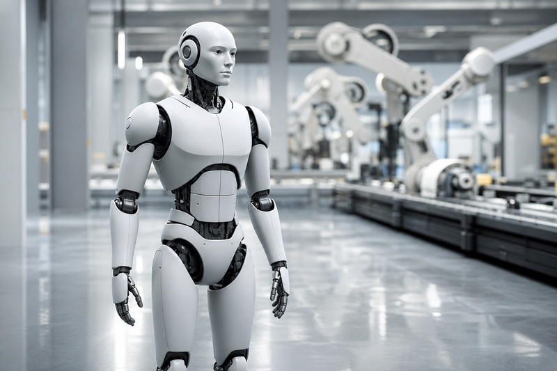 Humanoid robot with gray-white panels in a factory assembly line from reported Optimus Gen 3 leak
