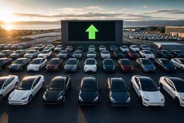 Tesla electric vehicles at a delivery center with a green upward arrow on a display, no text.