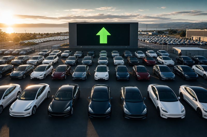Tesla electric vehicles at a delivery center with a green upward arrow on a display, no text.