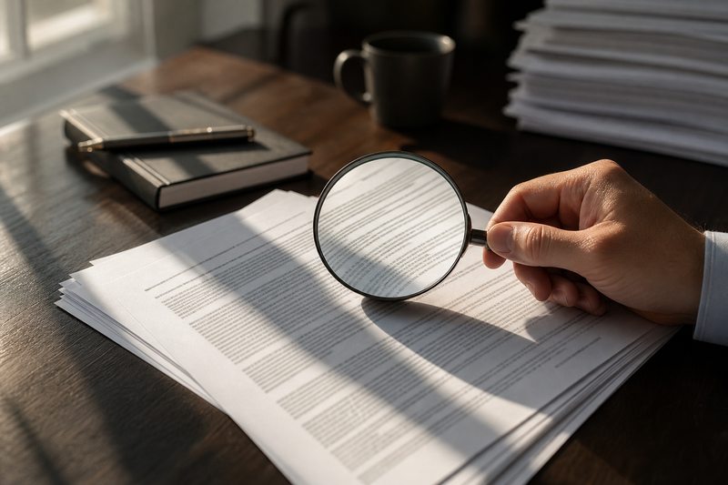 Magnifying glass over printed SEC filing pages on a desk