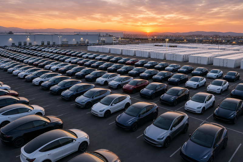 Aerial view of Tesla delivery center with rows of Model 3 and Model Y vehicles and Megapack energy storage units.