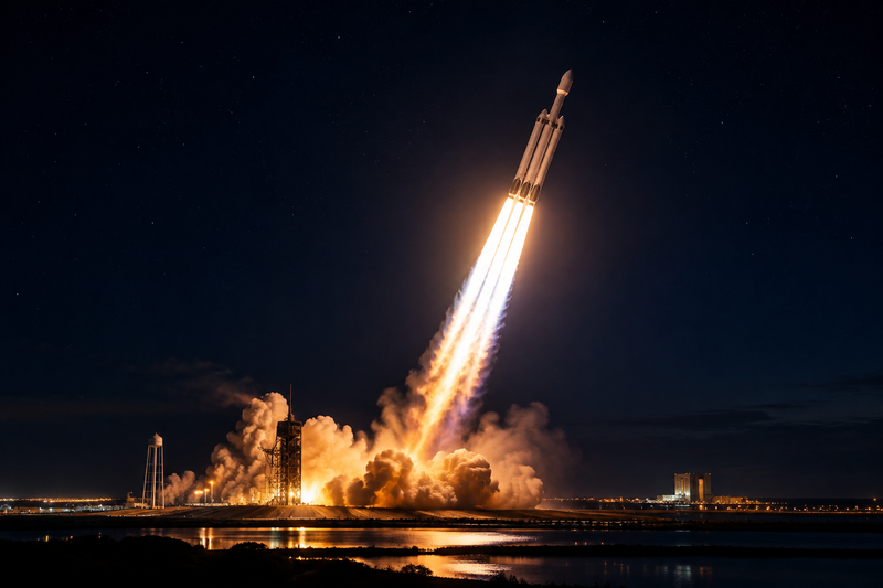 Falcon Heavy NROL-97 rocket ascending at night from Kennedy Space Center with bright exhaust plume and stars