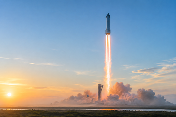 Starship rocket ascending with engine plumes against a Texas morning sky