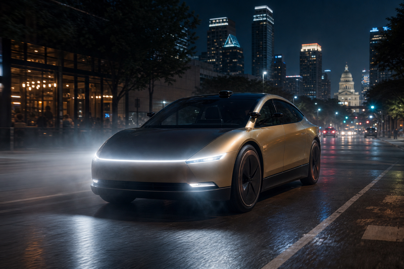 Tesla robotaxi driving on an Austin street at night with camera lenses visible