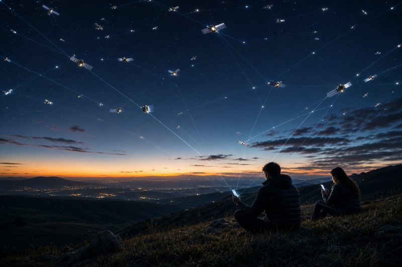 Very low Earth orbit satellite constellation beaming signals to smartphones on Earth at dusk