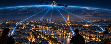 European city skyline at night with smartphone beams connecting to a satellite for direct-to-device service