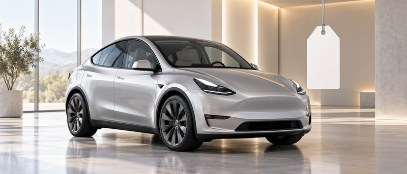 Tesla Model Y in a minimalist showroom with a blank price tag, illustrating reported cheapest-ever launch