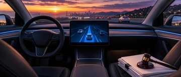 Tesla Model 3 interior with Autopilot screen and legal documents on passenger seat