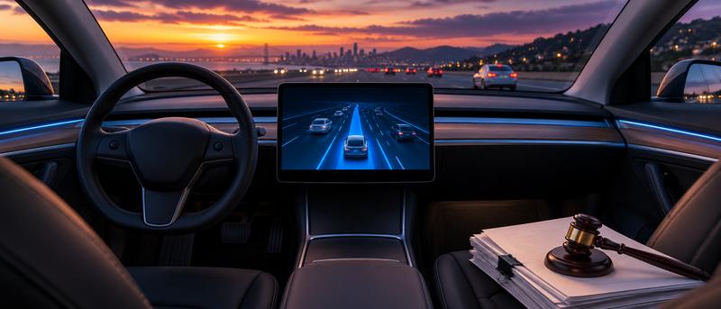 Tesla Model 3 interior with Autopilot screen and legal documents on passenger seat