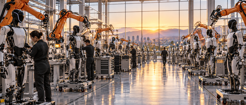 Tesla Optimus humanoid robots in a California assembly facility with robotic arms