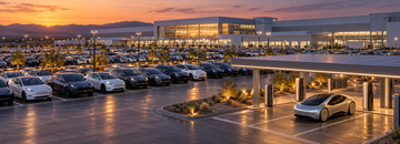 Tesla Q3 2026 earnings backdrop of Model 3, Model Y, and Cybercab at factory lot.