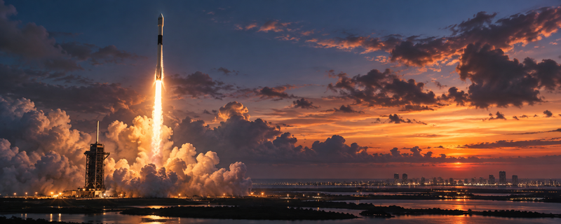 SpaceX Falcon 9 rocket launch at twilight with launch tower and city lights below