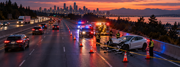 Aerial view of a Tesla sedan stopped on Interstate 80 after a fatal collision, with emergency vehicles and cones on the highway.