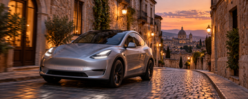 Tesla Model Y driving through a European city at dusk, representing the European sales rebound.
