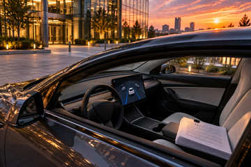 Tesla Model 3 with Autopilot visualization parked outside a corporate building at dusk, SEC filing on seat