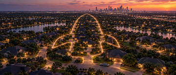 Aerial view of Houston suburbs with a glowing rocket-shaped boundary over streets and a parked electric sedan.