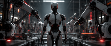 Silhouette of a humanoid robot on a Tesla-style assembly line with robotic arms