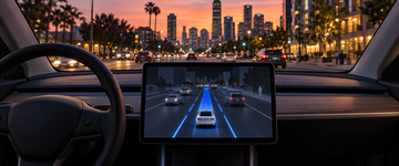 Tesla dashboard screen showing Full Self-Driving visualization and blue lane guidance on a city street at dusk
