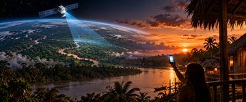 Starlink satellite beaming direct-to-cell signal over Brazil at dusk