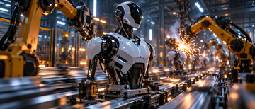 Humanoid robot torso on a high-tech production line in a factory