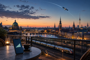 Satellite passing over a European city at dusk with a smartphone displaying a signal indicator