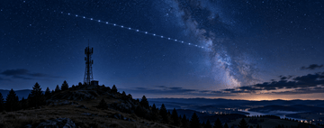 Starlink satellite train above a cell tower at night, illustrating direct-to-cell coverage expansion