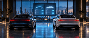 Illustration of two sedans seen from behind in a modern showroom with blurred vehicle-comparison displays on the wall.
