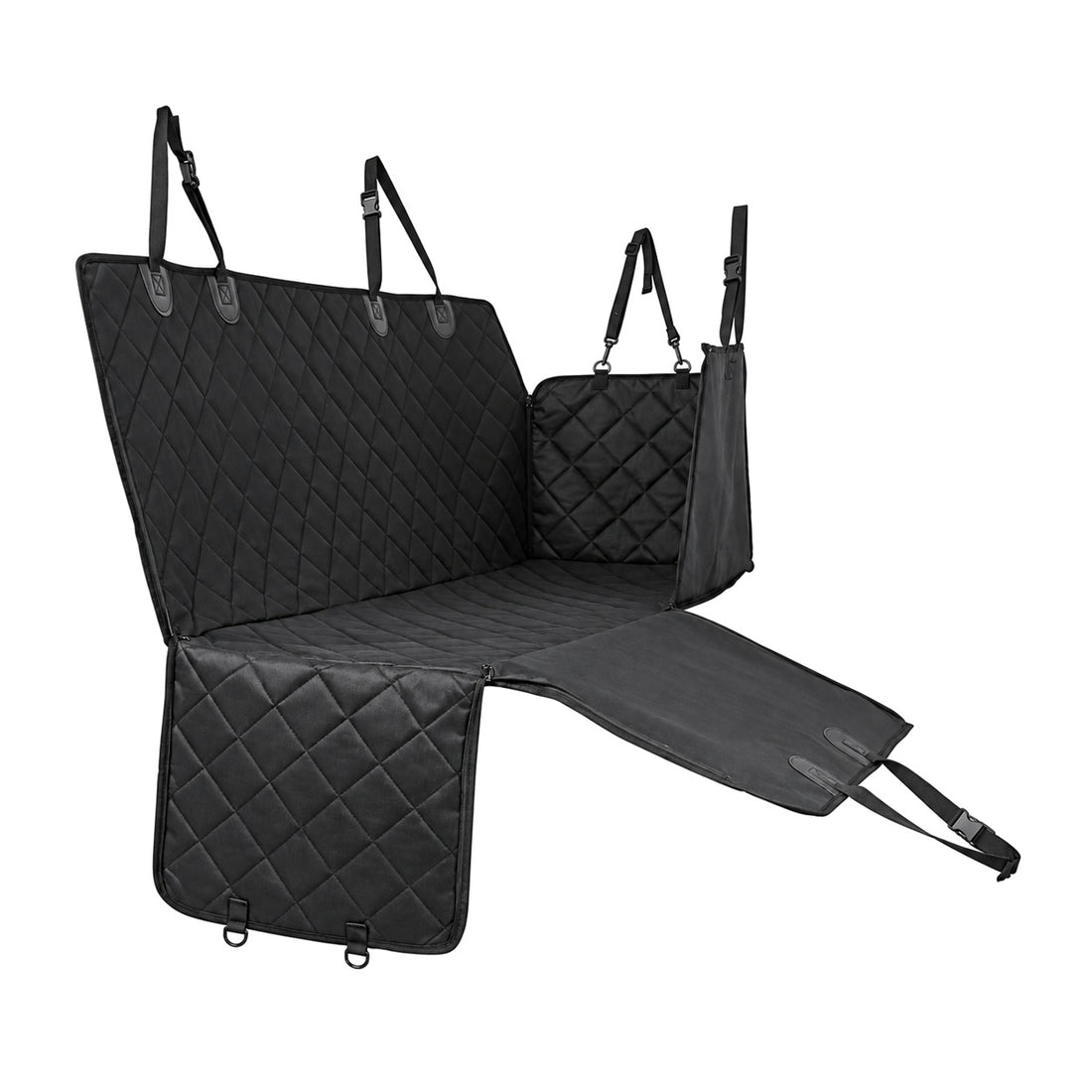 Black TESERY TSL2603 dog seat cover on white, showing the quilted back and base, split front panel, side flap and attached straps.
