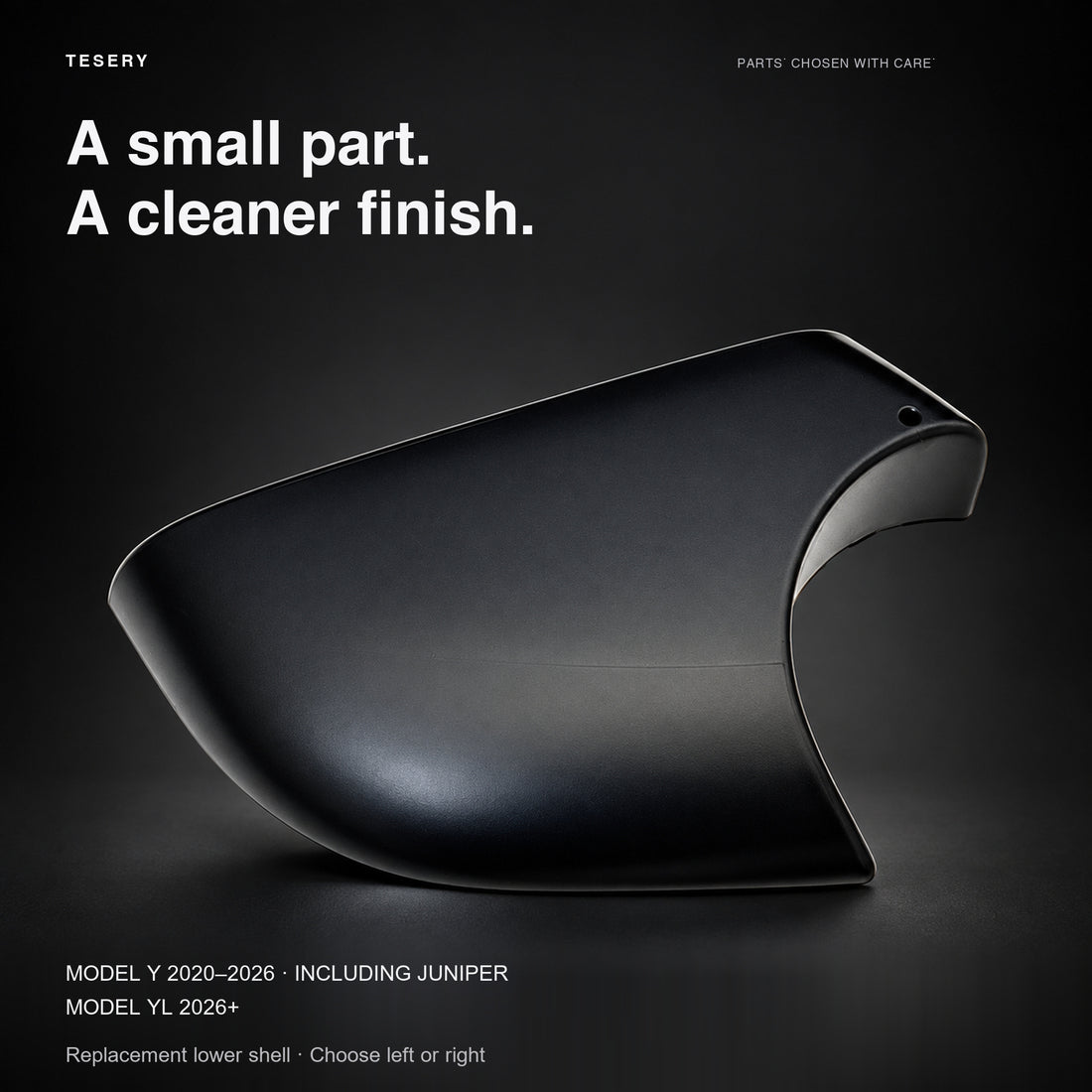 Matte black left lower mirror cover for Tesla Model Y 2020–2026 including Juniper
