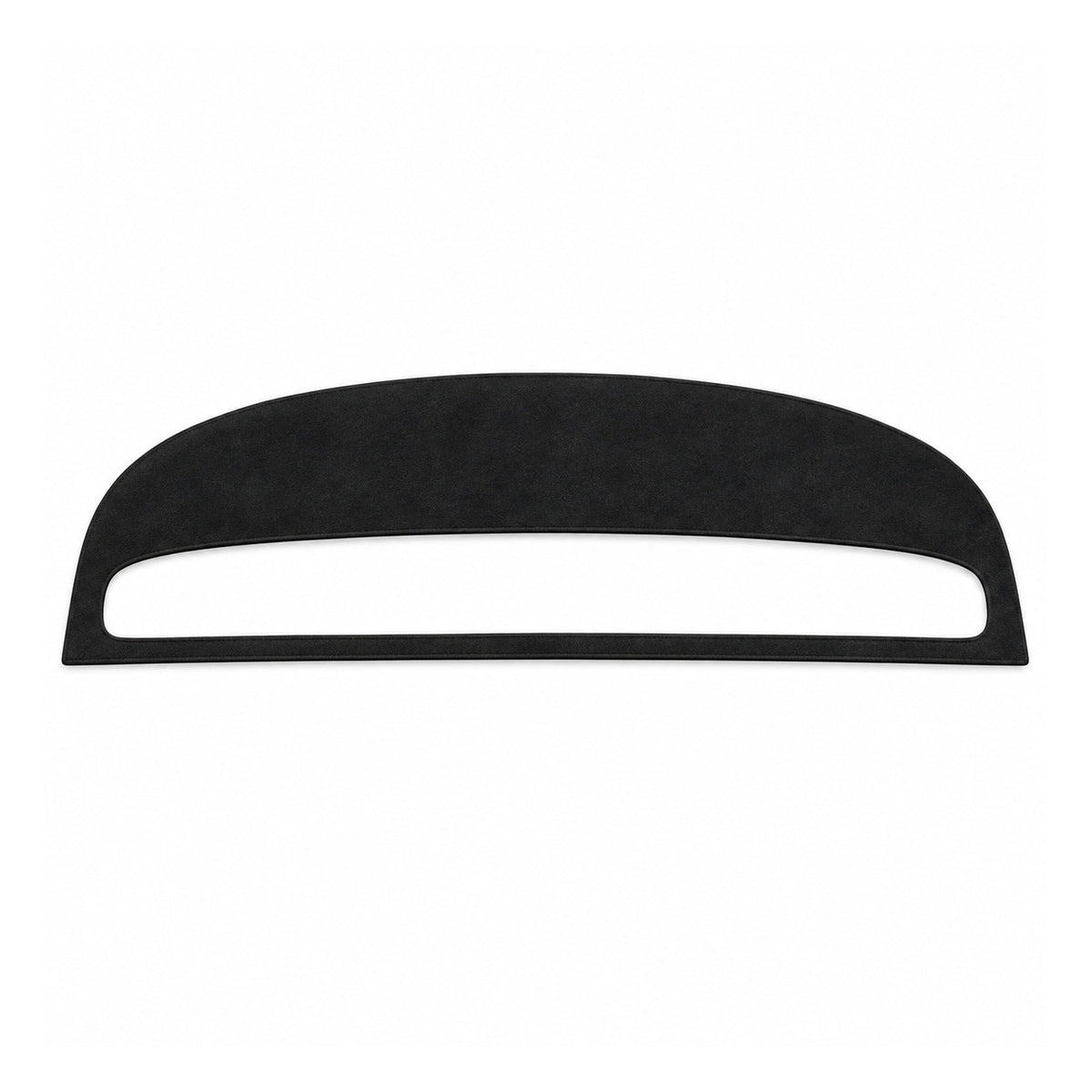Black suede-fabric All-Inclusive Tesla dashboard mat with a long open cutout and connecting lower strip, one mat on white.
