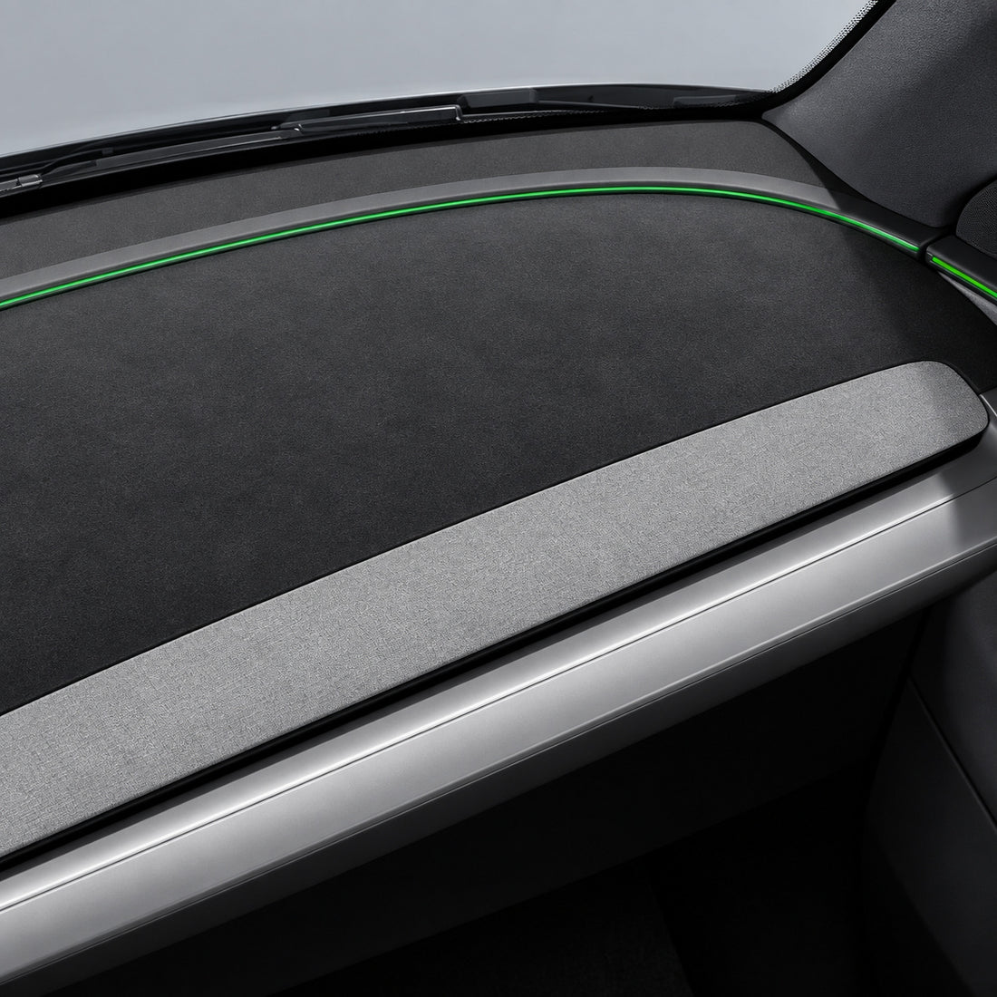 Black suede-fabric Half-Wrapped Tesla dashboard mat with a curved open lower edge, one mat on white.