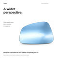 Blue wide-angle replacement glass with guidance to adjust the mirror and allow for changed apparent distance.