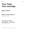 Select Model 3 Highland 2024+ or Model Y Juniper 2025+ / Model YL 2026+, then choose one coverage style.