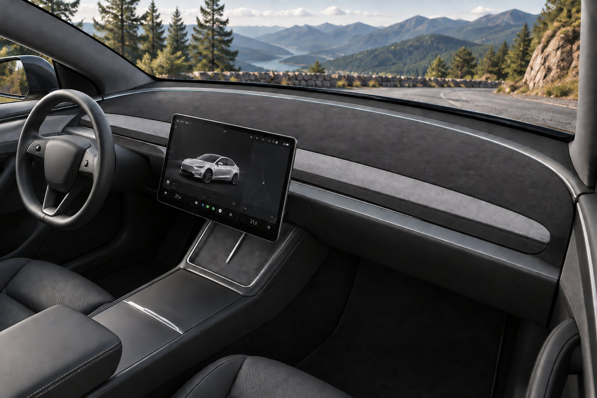 Full-cabin installation illustration of the All-Inclusive suede-fabric dashboard mat with a lower connecting strip around the exposed grey front trim.