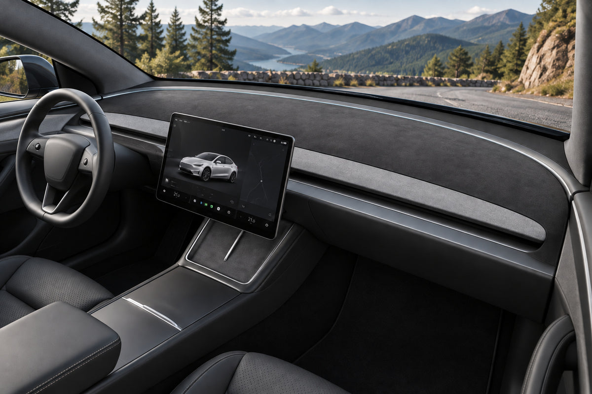 Full-cabin installation illustration of the Half-Wrapped black suede-fabric dashboard mat, with original front trim exposed and mountain scenery outside.