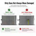 An informational comparison graphic titled 'Dirty Does Not Always Mean Damaged' showing two condenser panels side by side. The left panel, labeled 'Debris / Dust' with a green checkmark, shows a dirty but intact condenser.